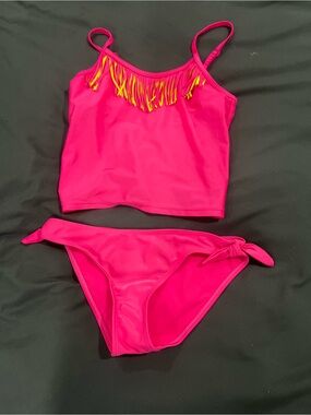 Girls Hot Pink Fringe Tankini Swim Set